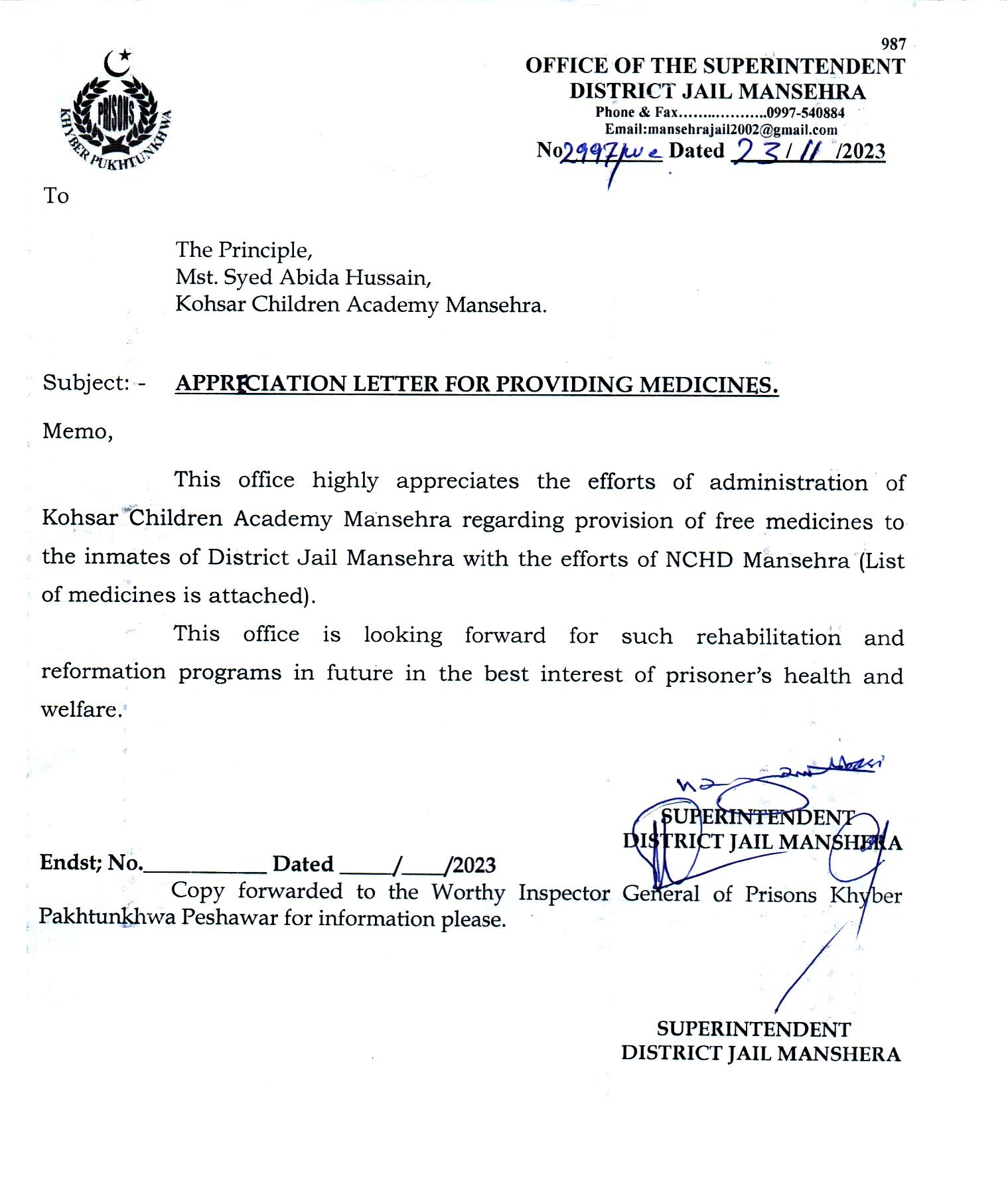 Appriciation Letter for Providing Medicines